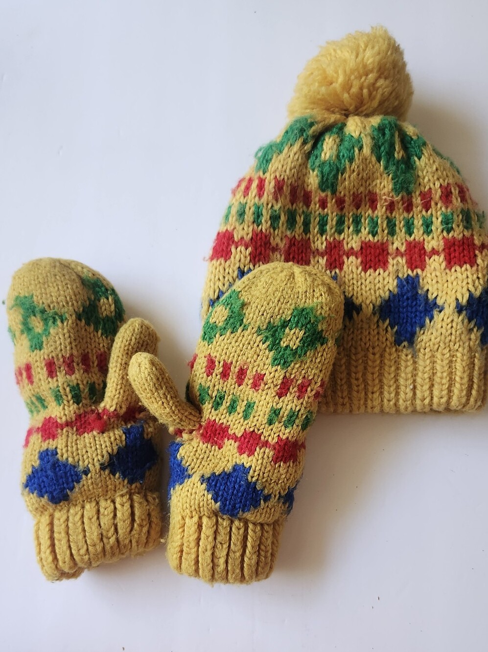 Yellow Knit Pom Pom Hat and Mittens Set for Kids -Pattern Made In JAPAN